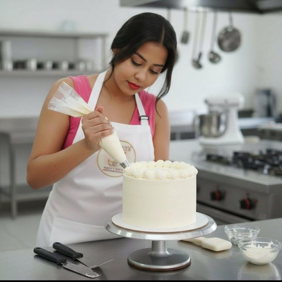 Cátia, a confeiteira, preparando os doces
